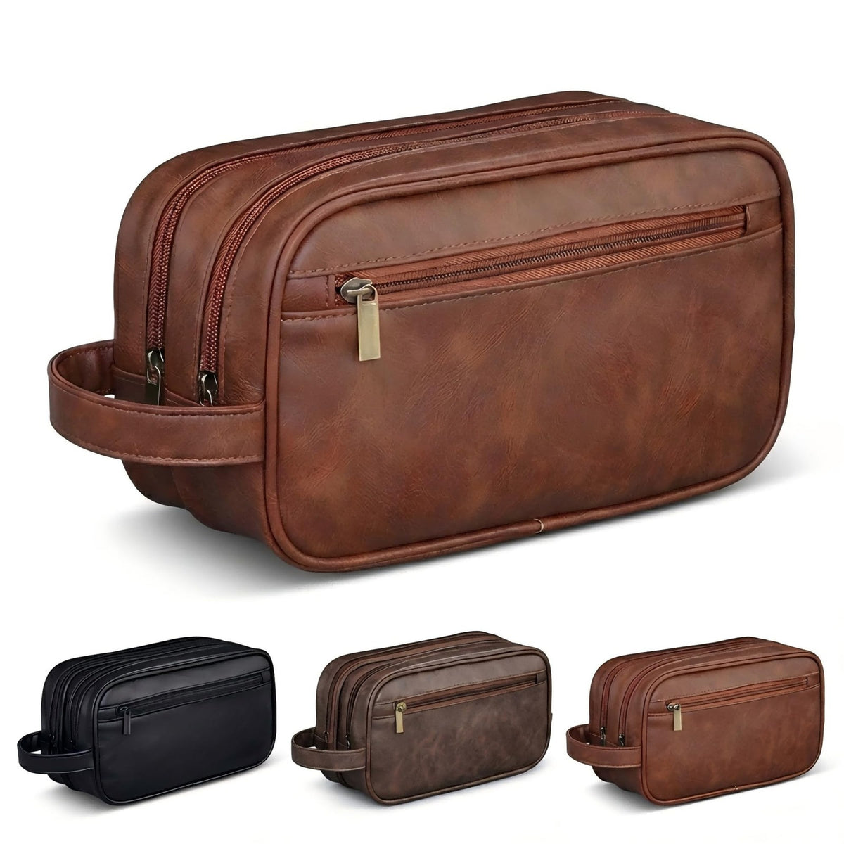 Men's Travel Toiletry Bag Leather Double-Deck Organizer Brown