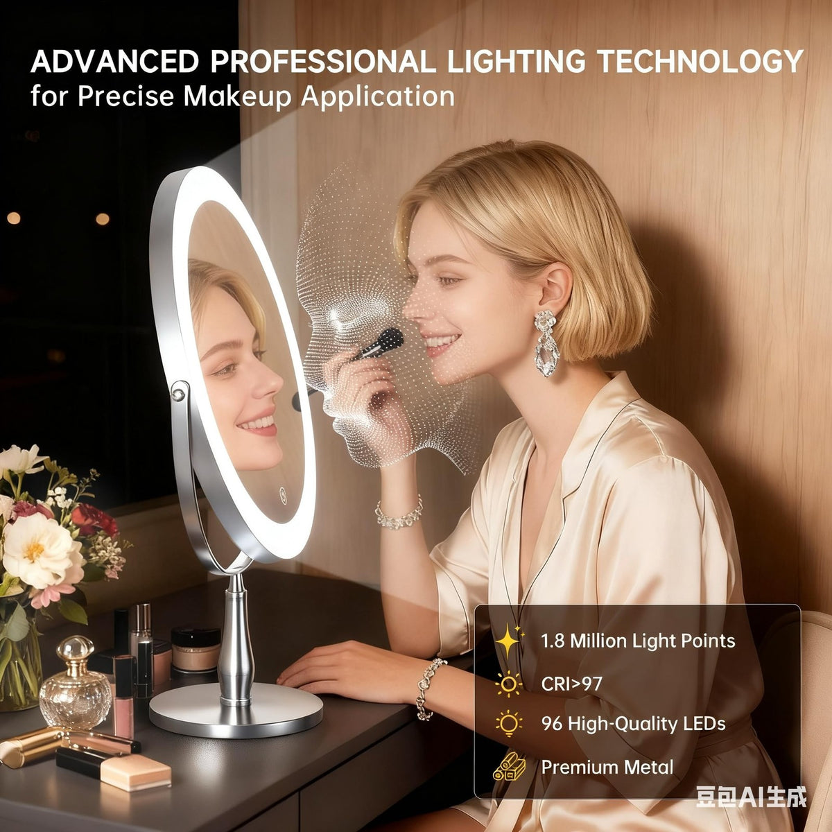 Lighted Makeup Vanity Mirror 11.8 Inch 1X/10X Magnifying with 96 LEDs, White Chrome