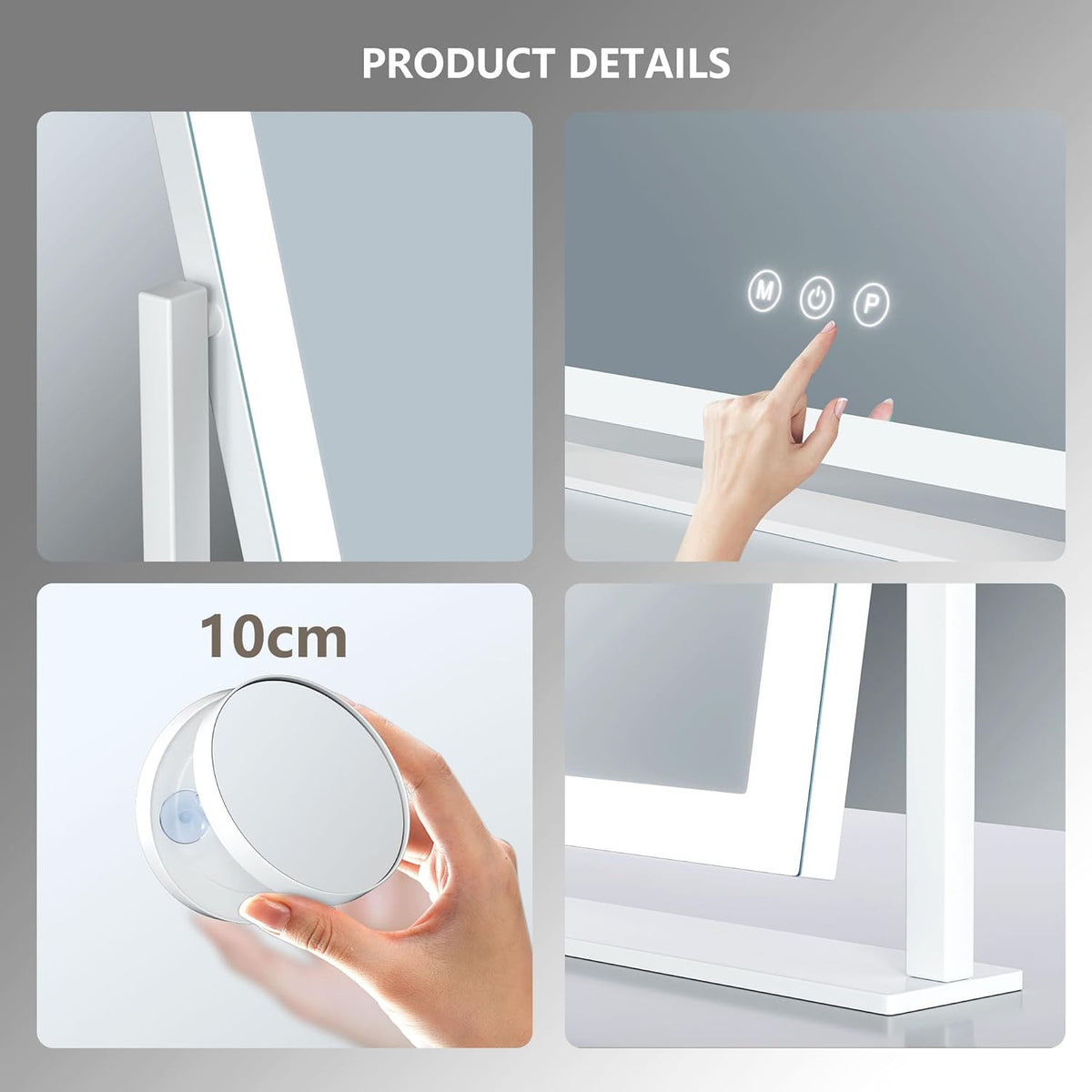 Lighted Makeup Mirror with LED Lights, 17.3x13 Inch Vanity Mirror with Touch Control & Detachable 10X Magnifier