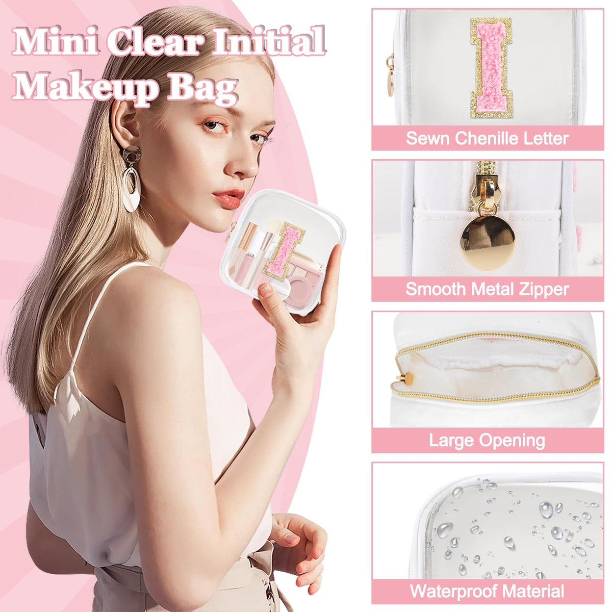 Personalized Clear Makeup Bag with Initials - Waterproof Nylon Compact Organizer