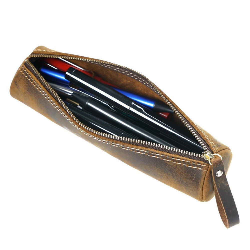 Handmade Cowhide Leather Pen Pouch Zipper Pencil Case Stationery Storage