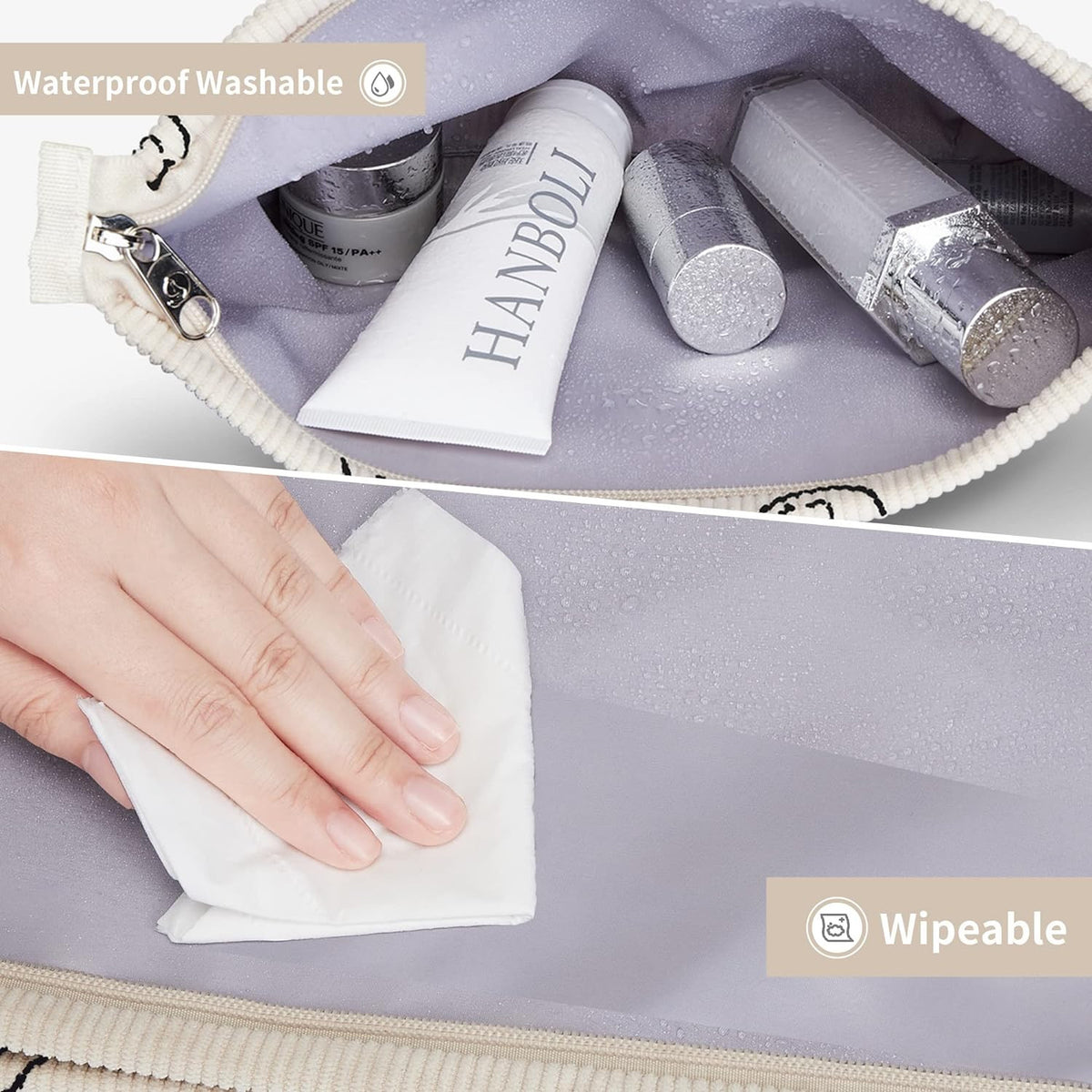 Women’s Waterproof Makeup Bag Set - 2 Pcs Corduroy Cosmetic & Travel Organizer