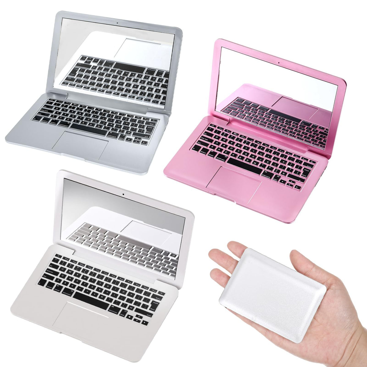 Mini Laptop Mirror Set - 3 Compact Foldable Makeup Mirrors with Keyboard Design
