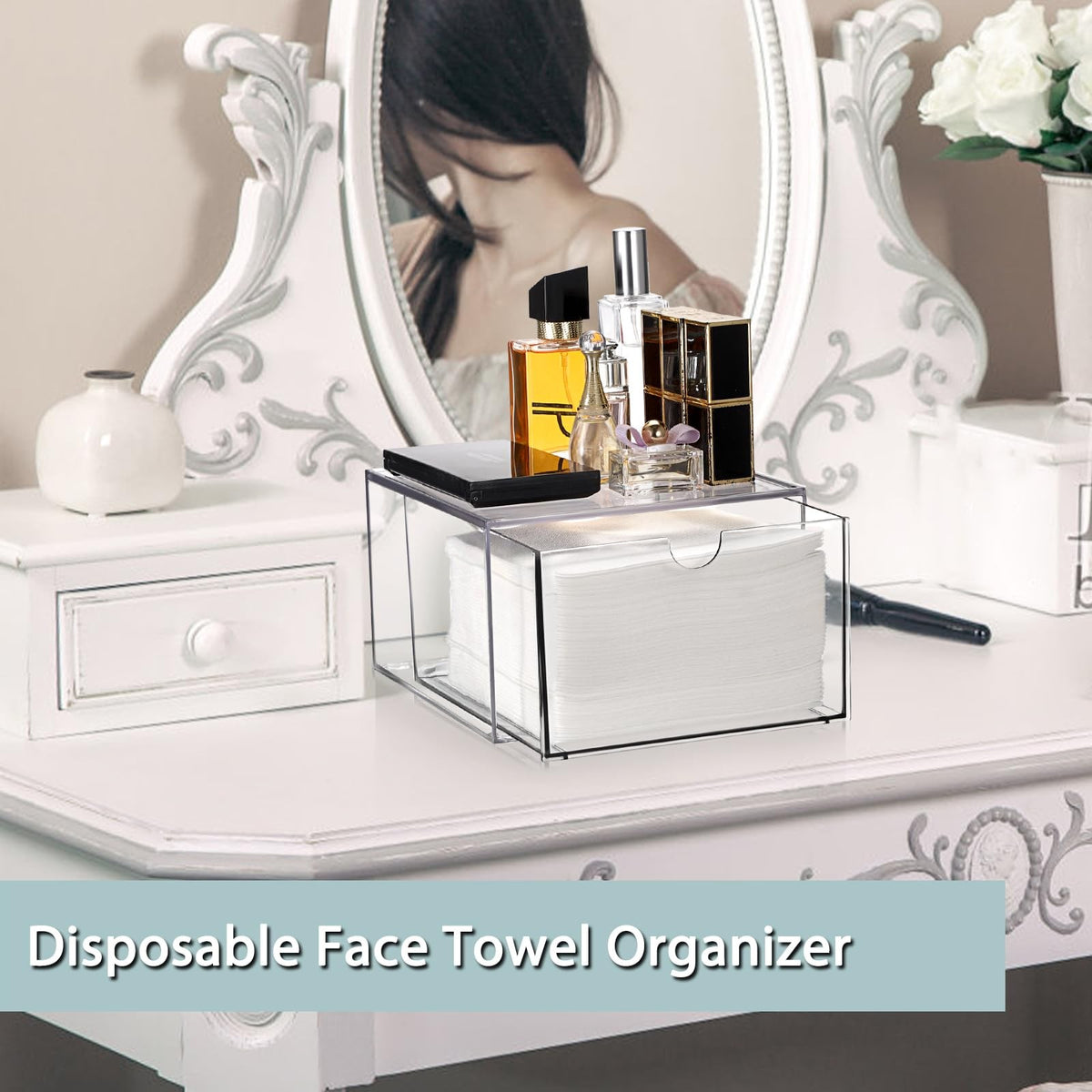 Disposable Face Towel Holder for Bathroom Vanity - Clear Plastic Storage Box