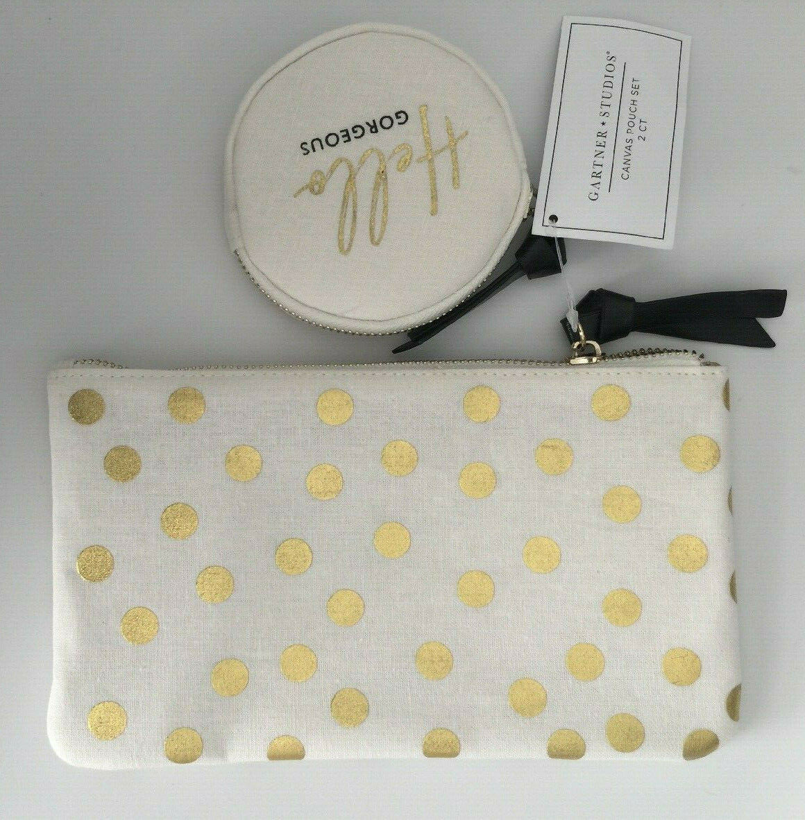 Gold Polka Dot Canvas Cosmetic Pouch Set - 2 Pieces Travel & Makeup Bag