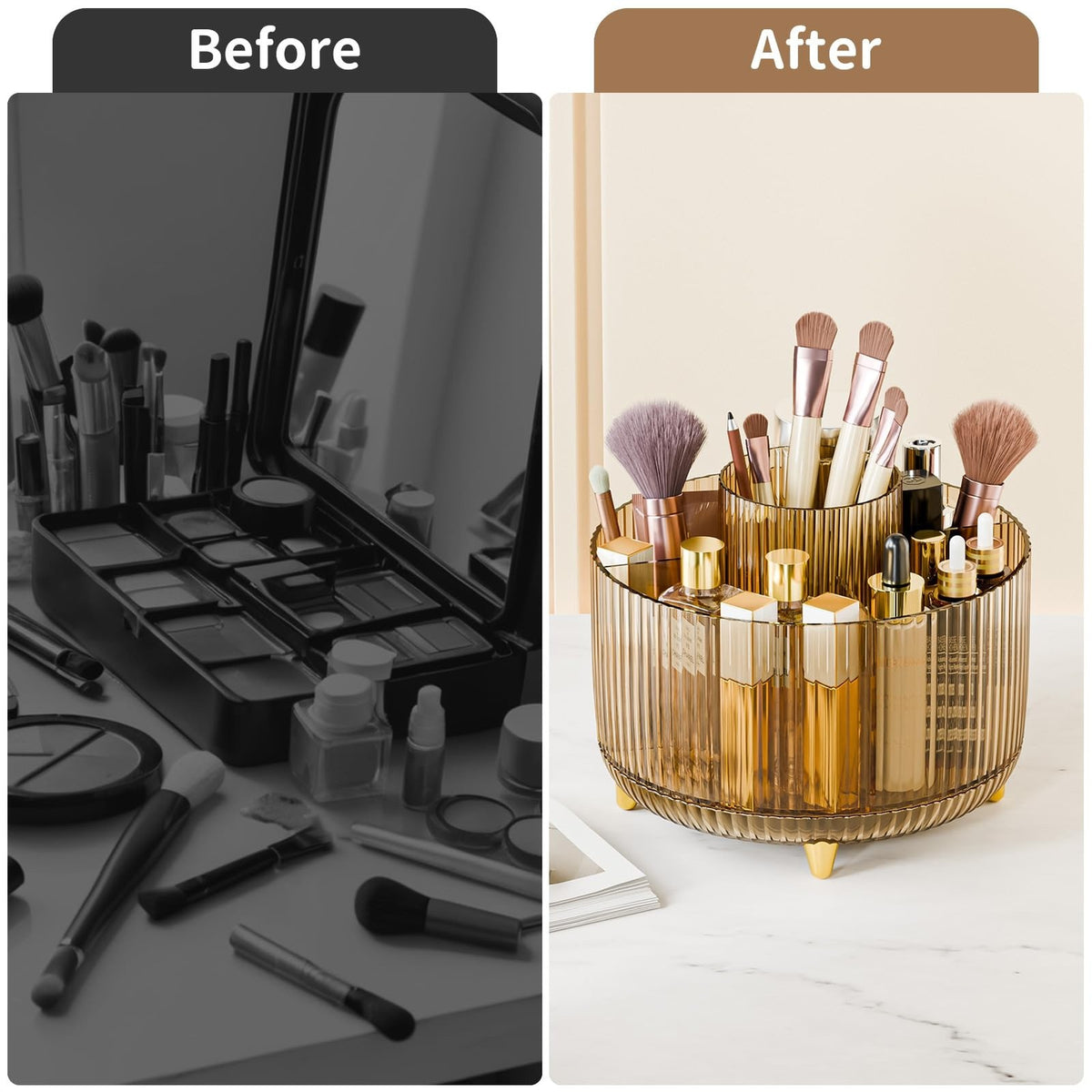 360° Rotating Makeup Brush Holder Organizer with Clear Amber Finish