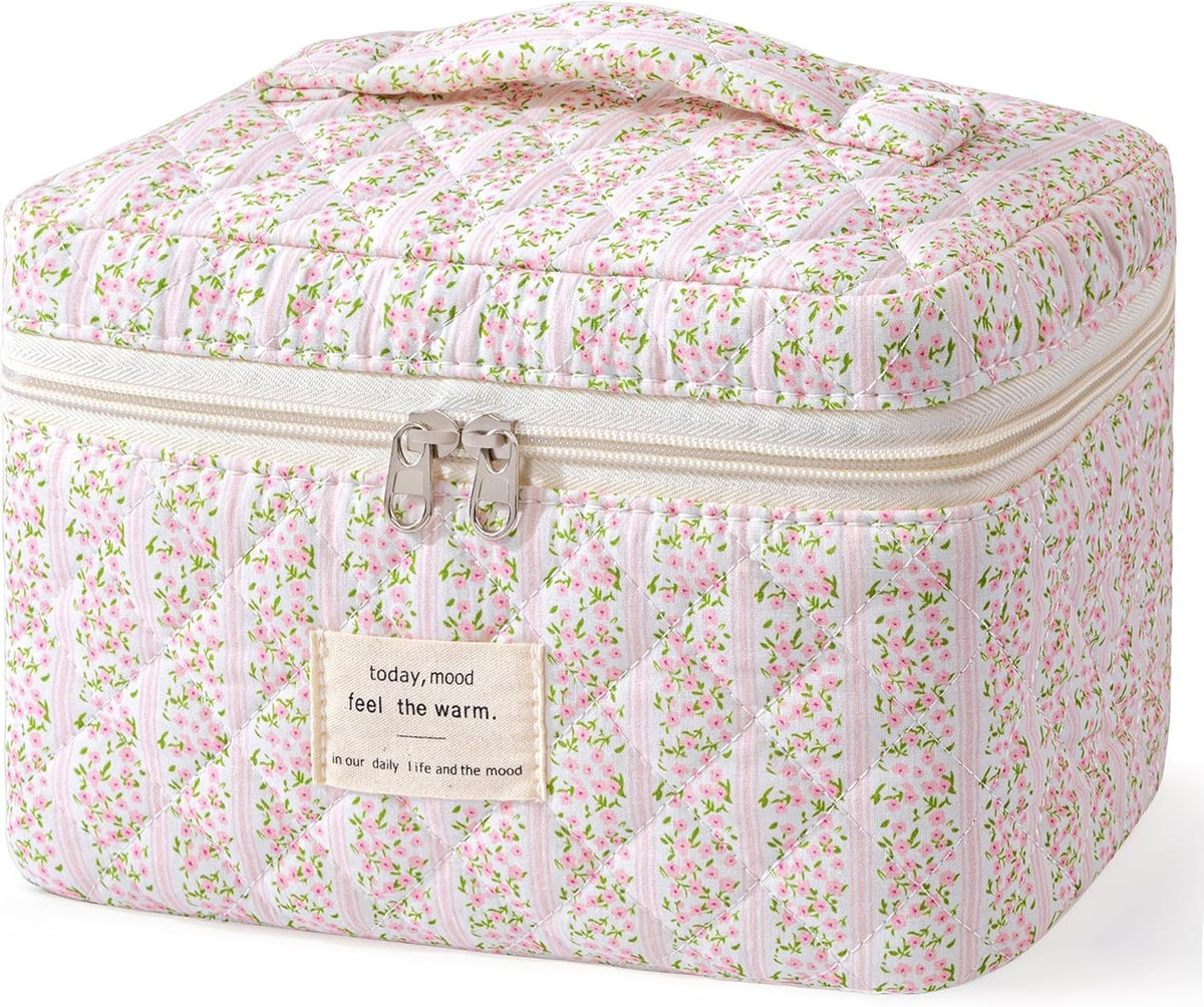 Large Quilted Travel Makeup Bag with Handle - Cotton Cosmetic Organizer
