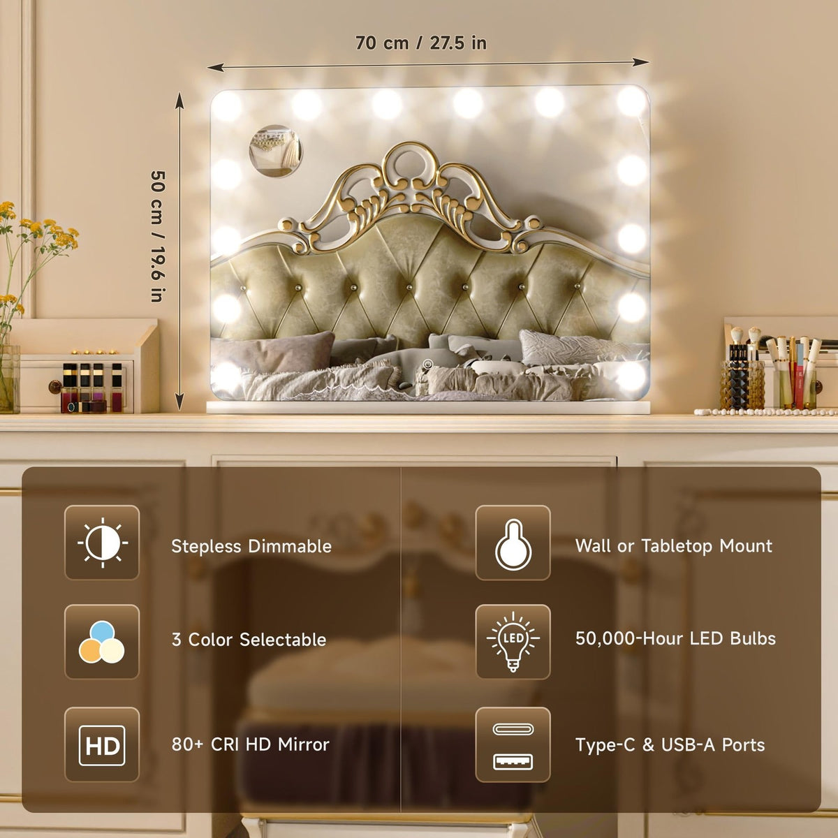 Hollywood Lighted Vanity Mirror with Dimmable LED, 28x20 Inches, Touch Control