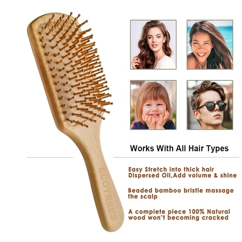 Large Wooden Paddle Hair Brush with Bamboo Bristles - Eco-Friendly Detangler