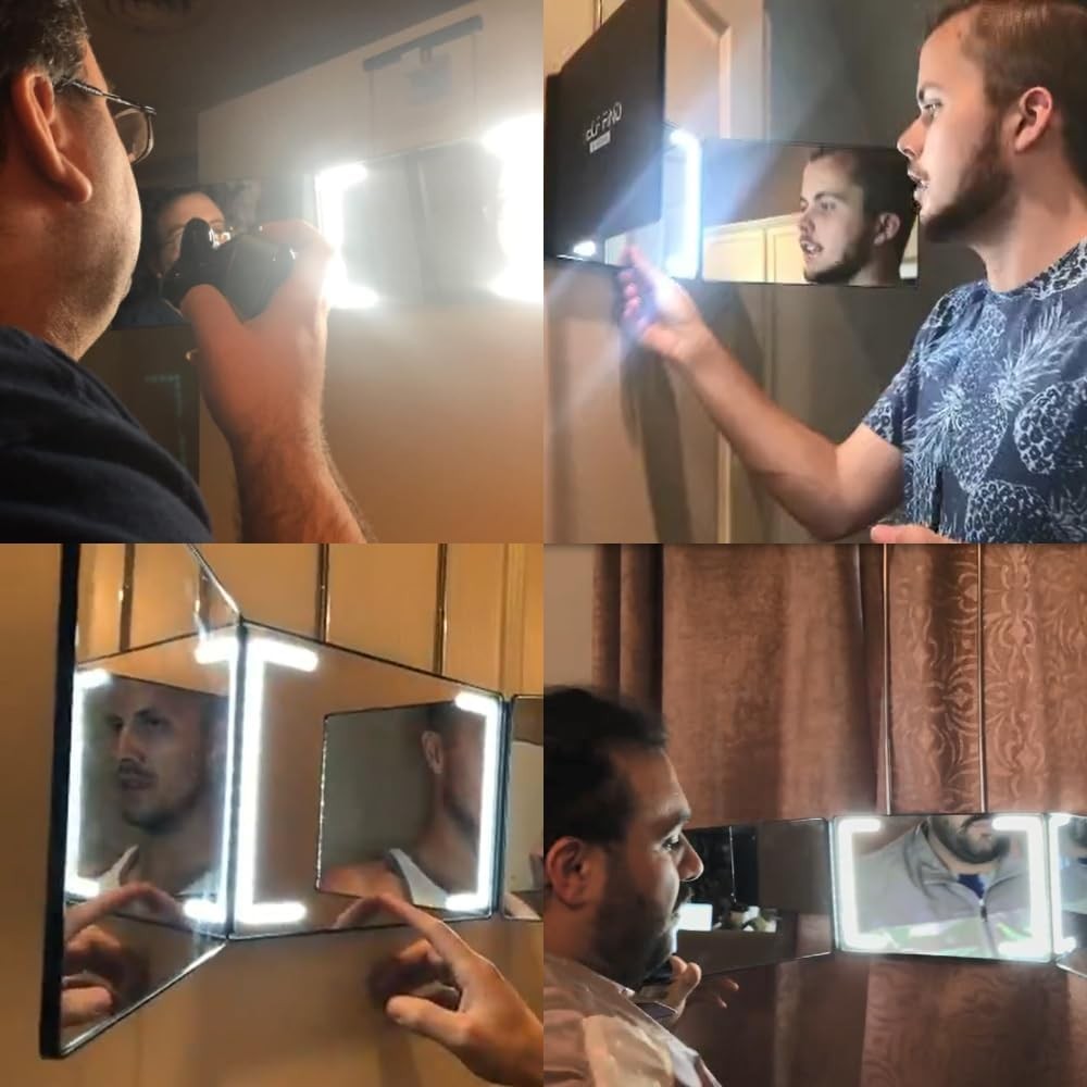 Rechargeable 3-Way Mirror with 8 LED Light Strips for Self-Haircut & Styling