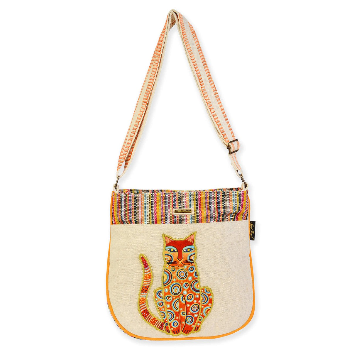 Cat Crossbody Bag with Embroidered Tabby Cat - Rainbow Stripe Fabric, Laurel Burch Style
