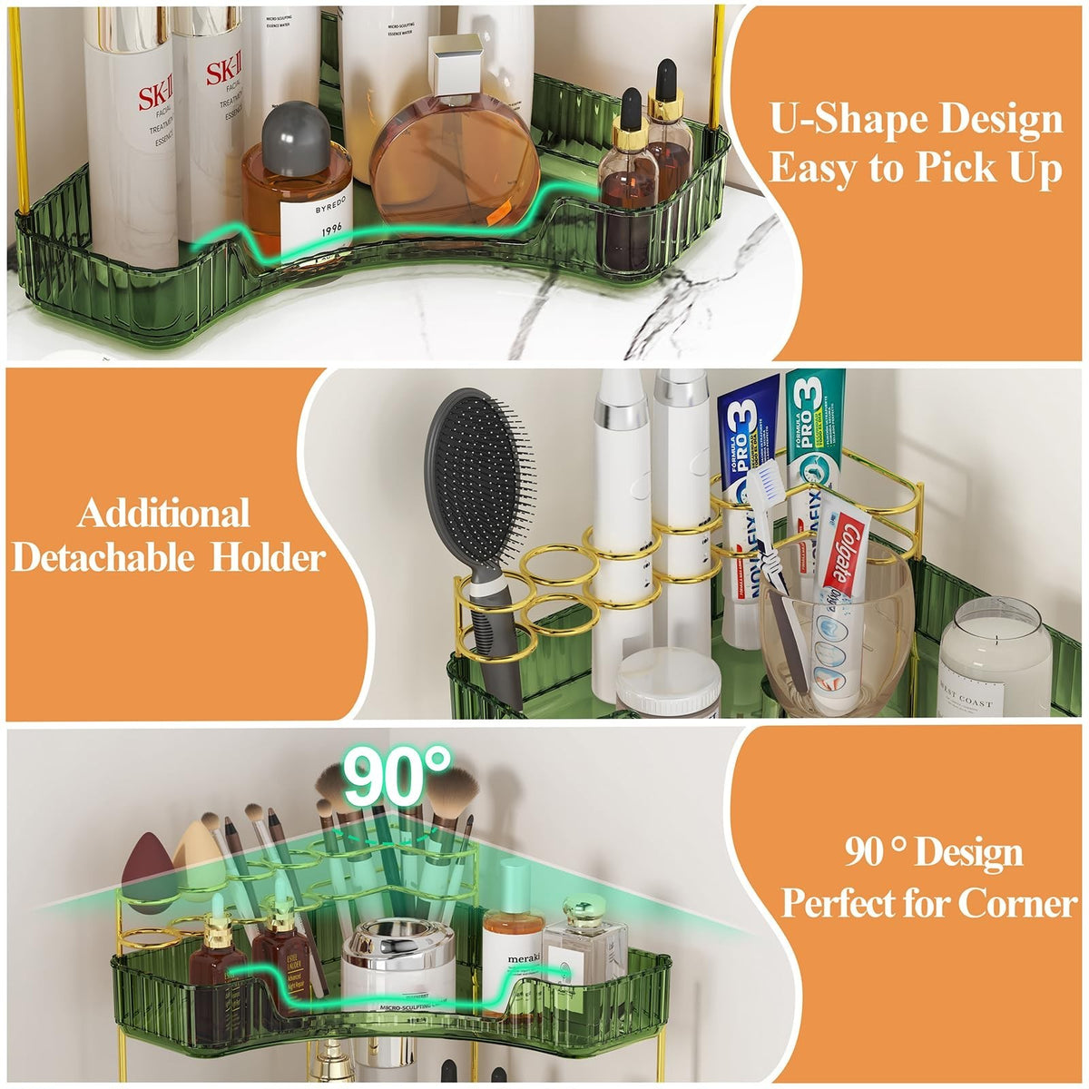 Corner Bathroom Counter Organizer with Makeup Brush Holder - 2 Tier Acrylic Storage Shelf, Green