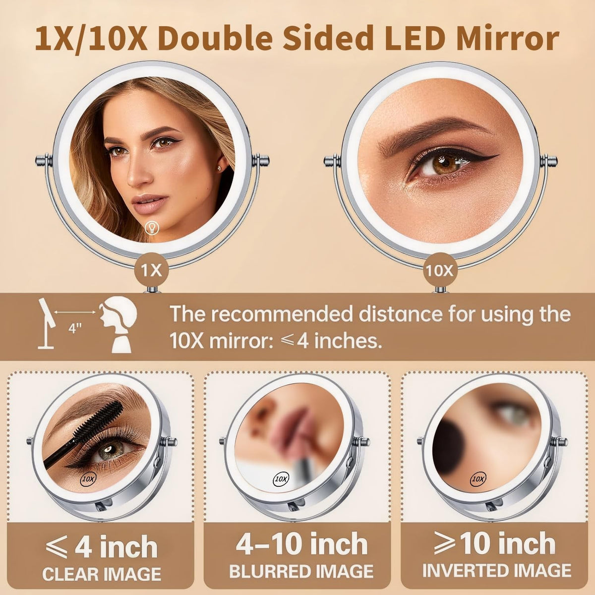 Rechargeable 8.5-Inch Lighted Makeup Mirror with 10X Magnification & 3 Color Lighting