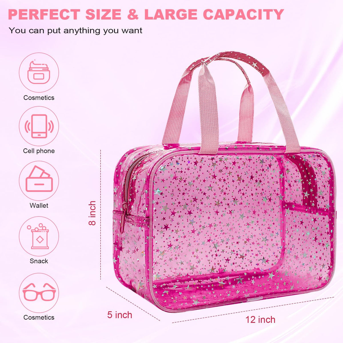 Large Clear Red Star Makeup Bag - Travel Cosmetic Organizer with Handle