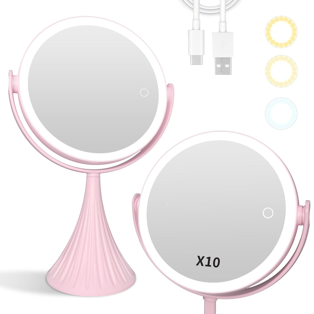 Lighted Makeup Mirror with 10X Magnification, LED Vanity Mirror for Desk, 360° Rotatable, Dimmable & Color Changing - Pink