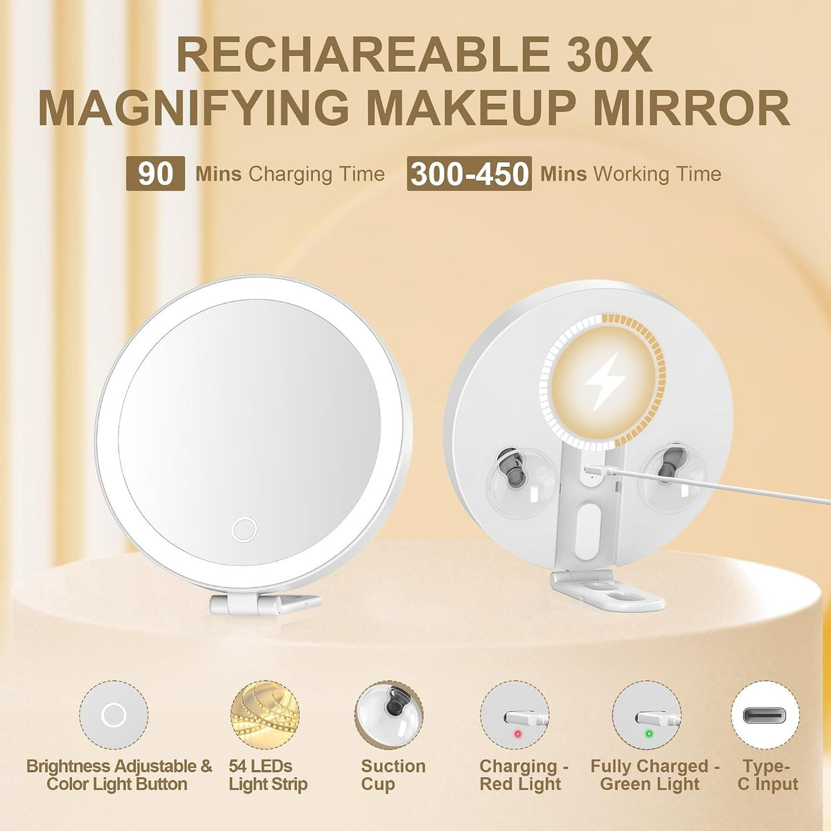 30x Magnifying Travel Makeup Mirror with LED Light - Handheld 6 Inch