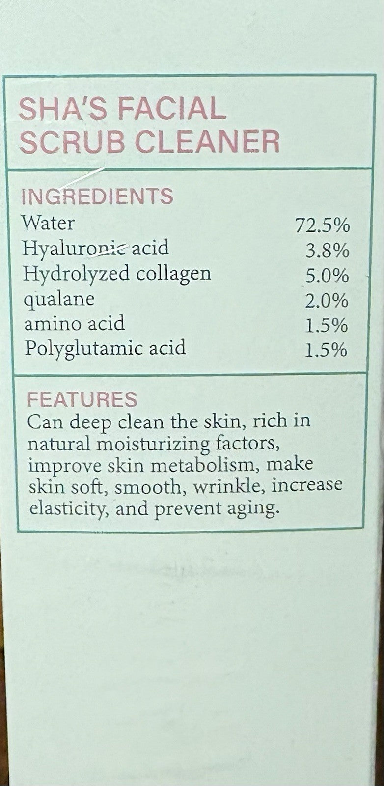 Sha's Organic Facial Scrub Cleaner Hyaluronic Acid + Glutathione 150