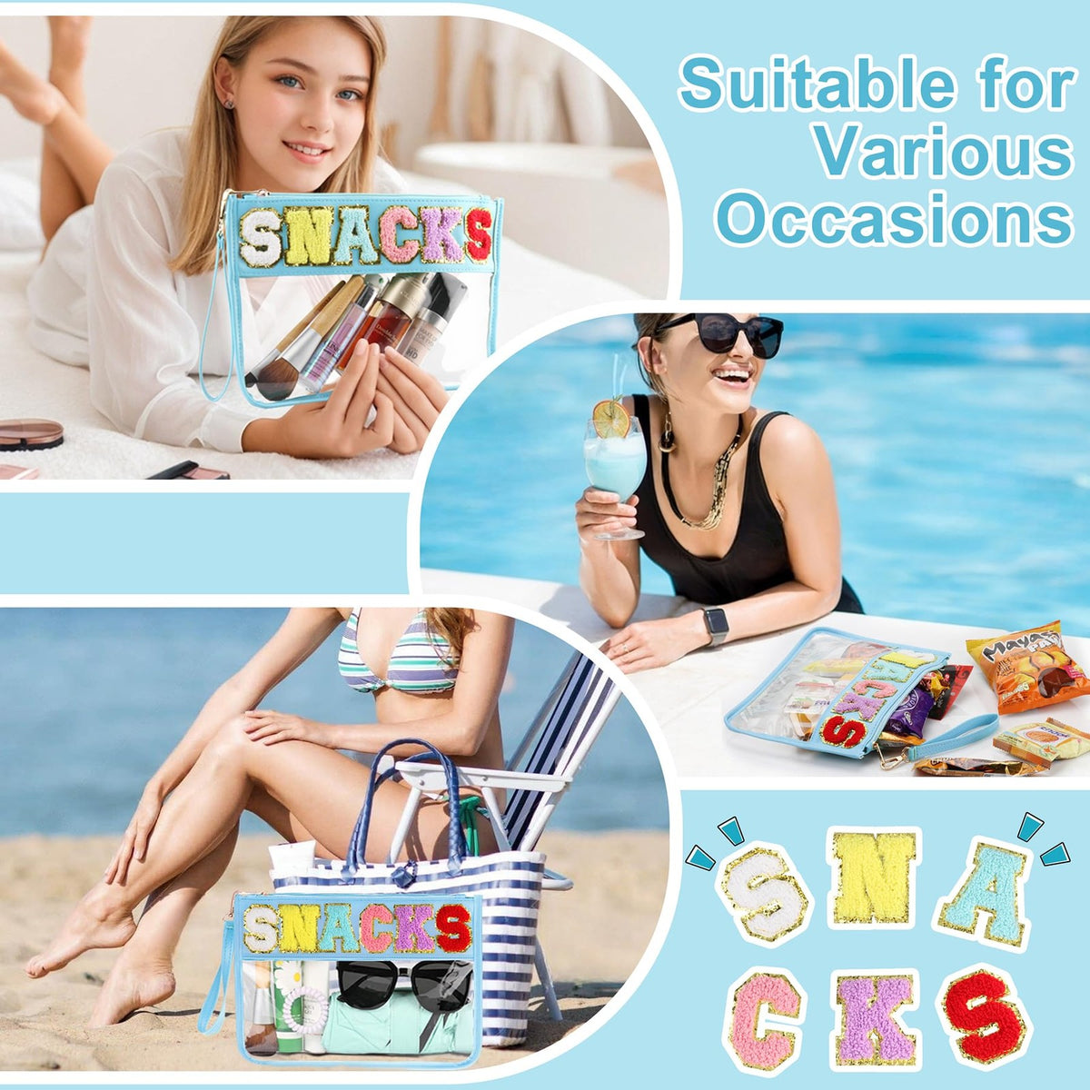 Clear Travel Makeup & Snack Pouch with Chenille Letter Zipper Waterproof
