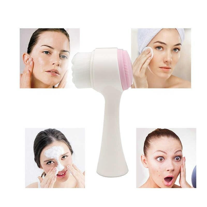 2-in-1 Double Sided Facial Brush with Handle - Soft Bristles & Silicone Massager (Blue & Pink)