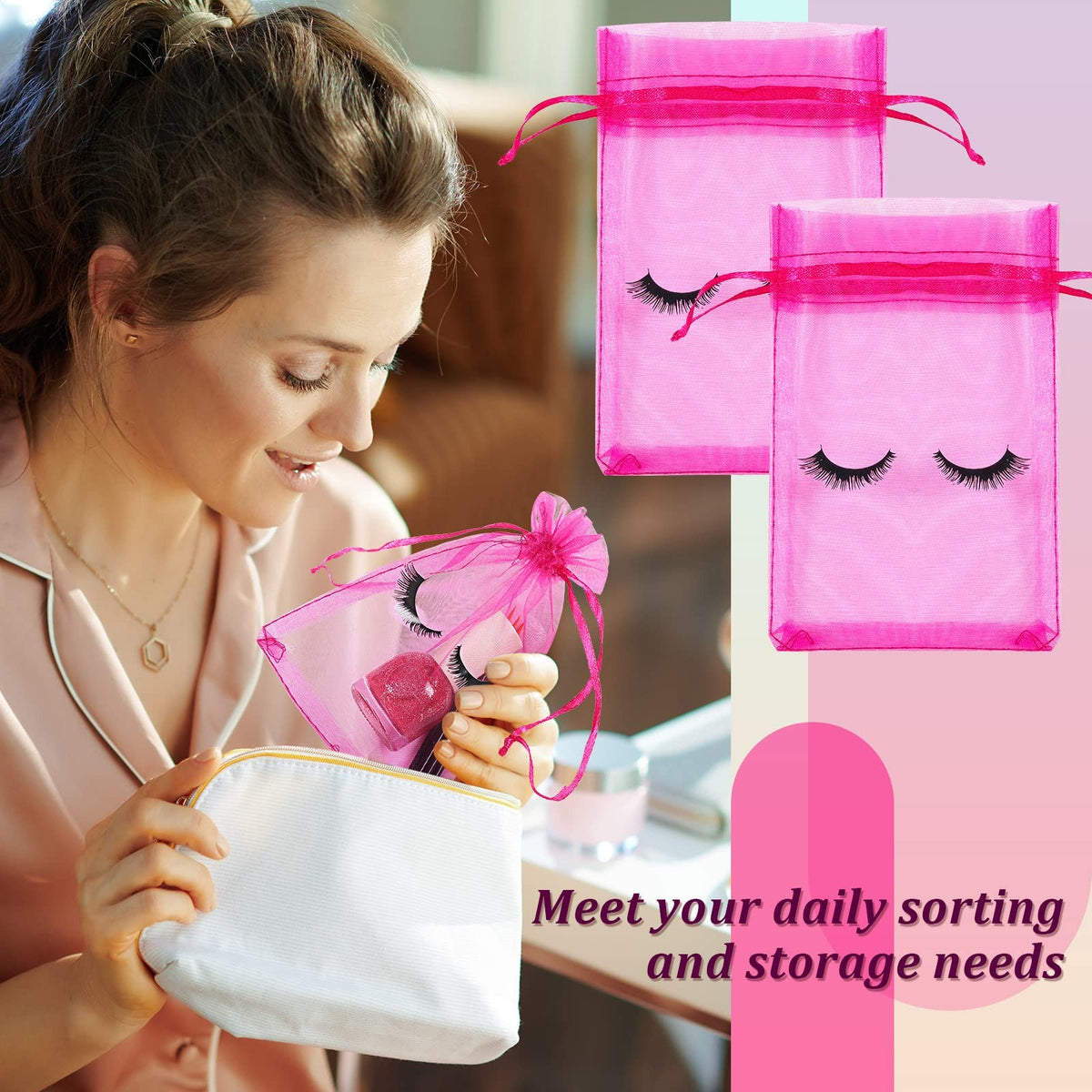 Eyelash Aftercare Bags 100 Pcs Organza 4 x 6 Inches Pink Storage Pouches