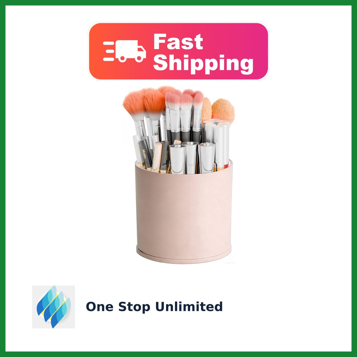 Rotating Makeup Brush Holder with 6 Compartments - Pink