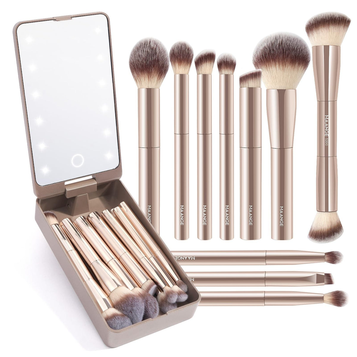 Travel Makeup Brush Set 10 Pcs with LED Mirror and Double-Ended Kabuki Brushes