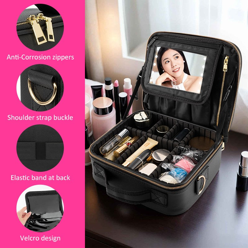 Travel Waterproof Makeup Bag with LED Light Mirror and Handle