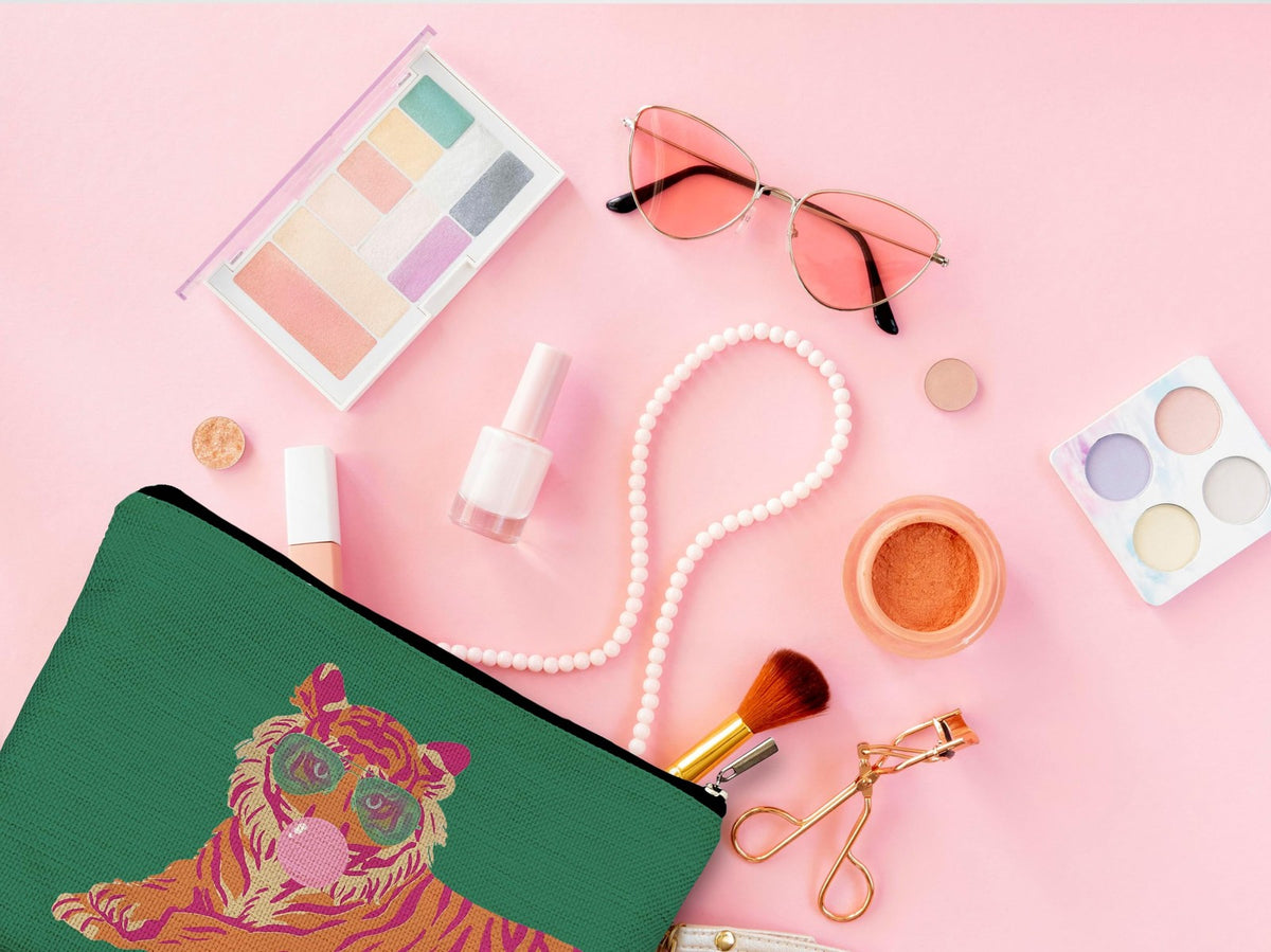 Trendy Preppy Pink and Orange Tiger Makeup Bag - Compact Cosmetic Organizer