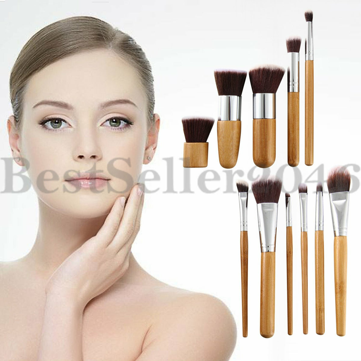 11pcs Bamboo Handle Makeup Brush Set - Cosmetic Powder & Face Tools