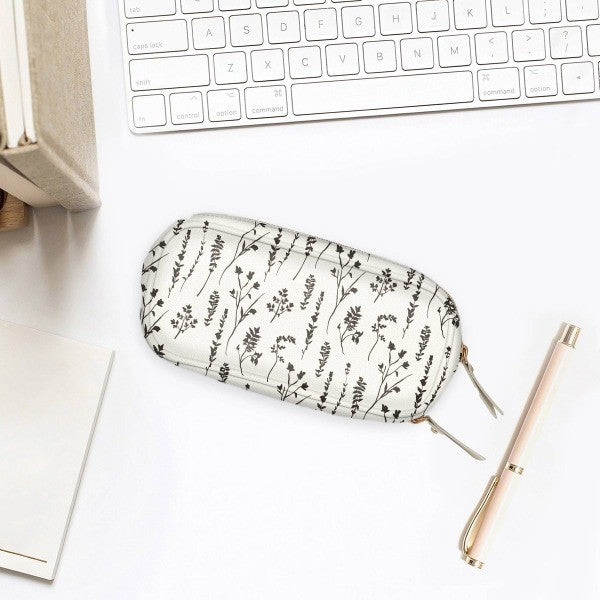 Faux Leather Zipper Pencil Case with Pressed Flowers - White