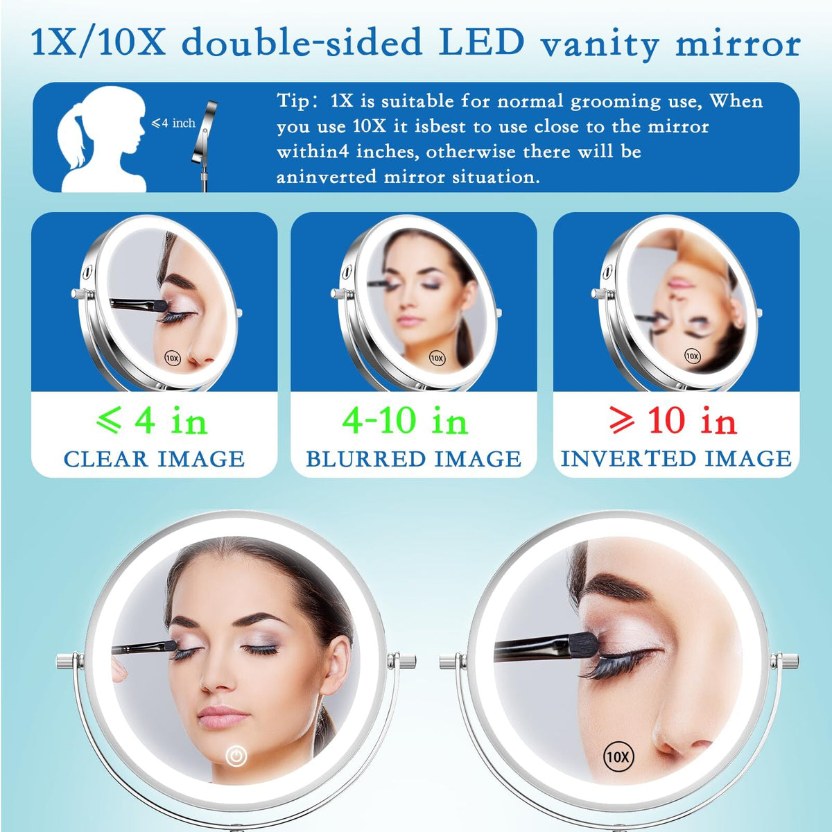 7-Inch Rechargeable Double Sided Lighted Vanity Mirror with 10X Magnification & Adjustable Height