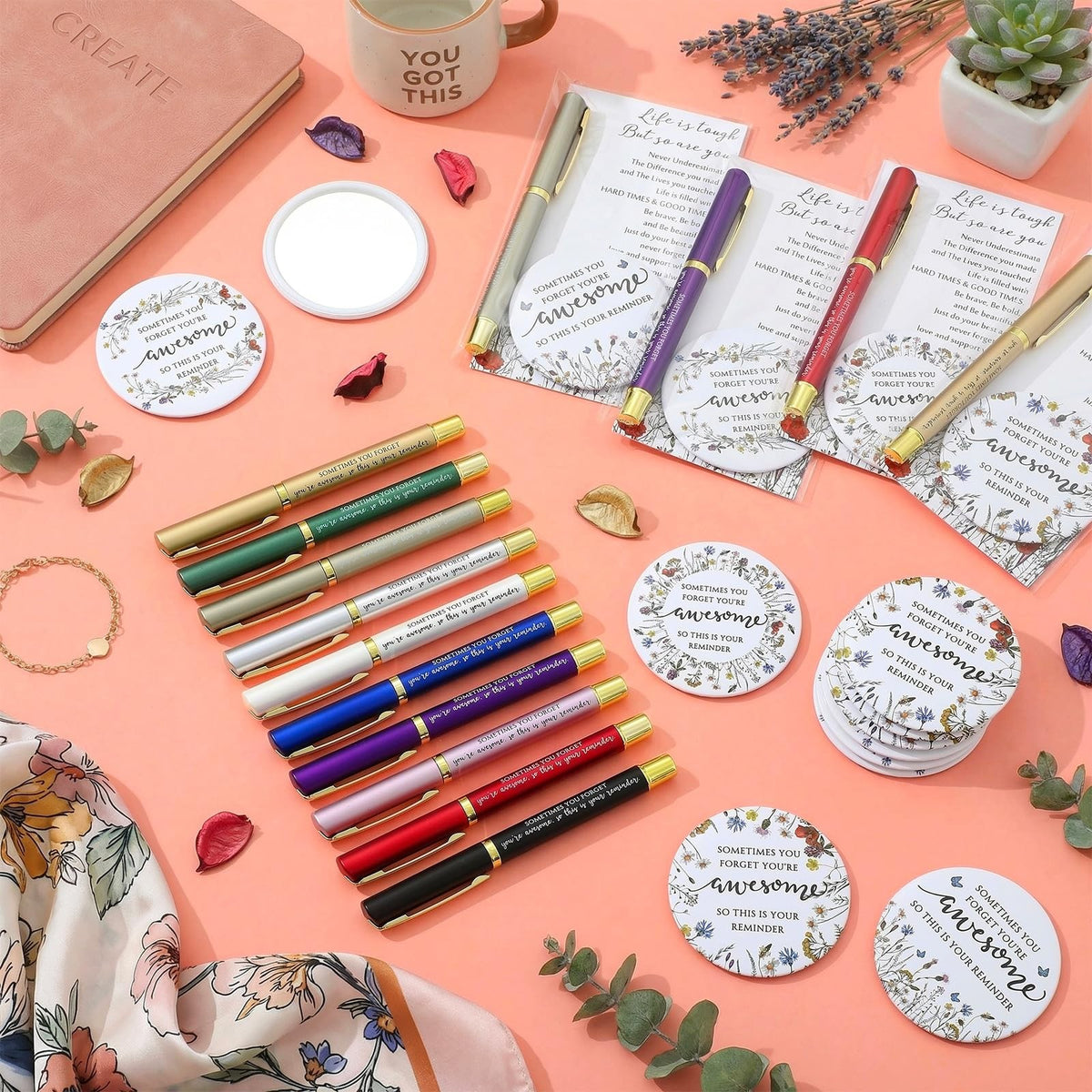 20 Pack Inspirational Mini Compact Mirrors with Positive Pens & Cards for Women