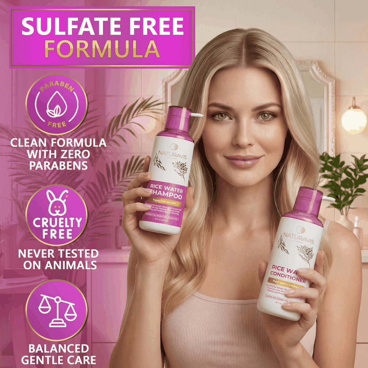 Rice Water Shampoo and Conditioner Set - Sulfate-Free Volumizing for Fine Hair 16 Fl Oz
