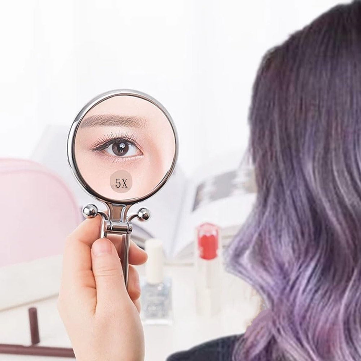5X Magnifying Handheld Travel Mirror with Handle – Double-Sided, Adjustable Rotation