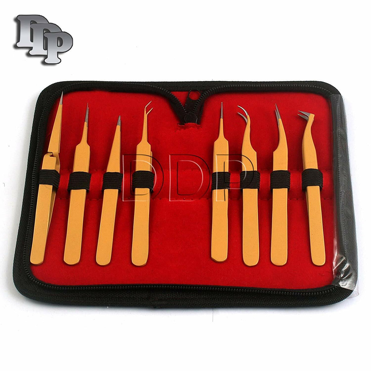 Set of 8 Stainless Steel Gold Eyelash Extension Tweezers for Beauty & Lash Artistry