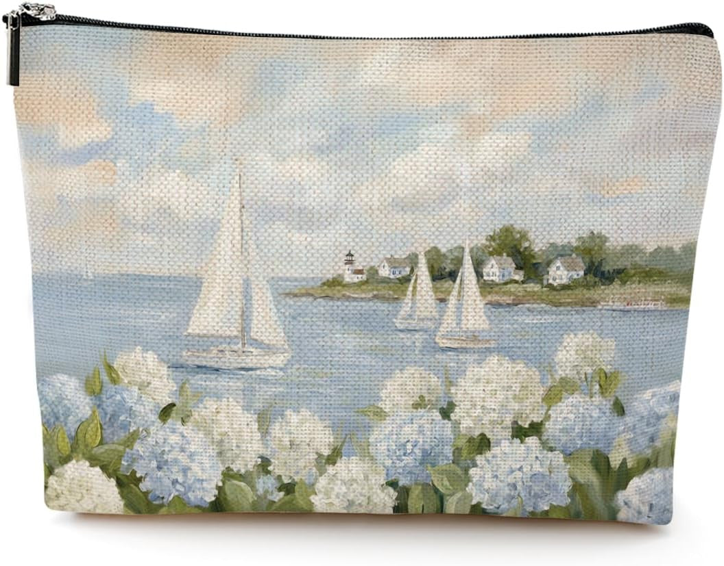 Watercolor Hydrangea Makeup Bag - Coastal Sailboat Floral Cosmetic Organizer