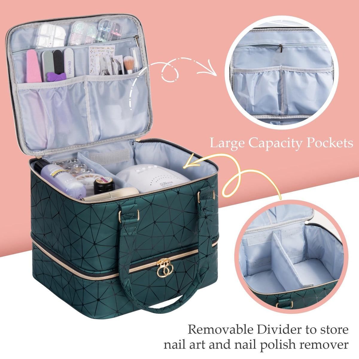 Dark Green Nail Polish Organizer Bag Holds 42 Bottles Travel Storage Case