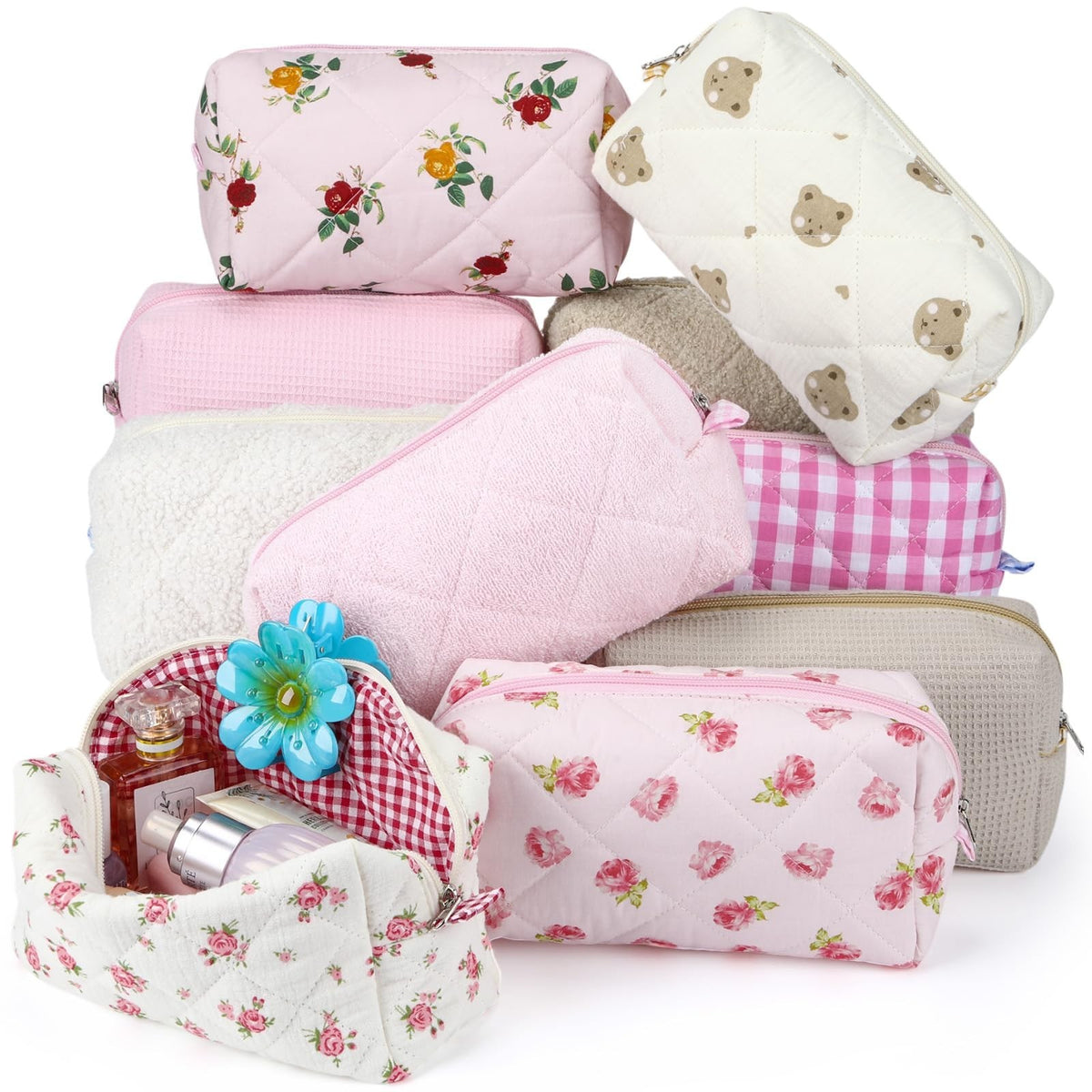 Quilted Cotton Makeup Bags Set - 10 Pcs Floral Cosmetic Pouches for Women & Bridesmaids