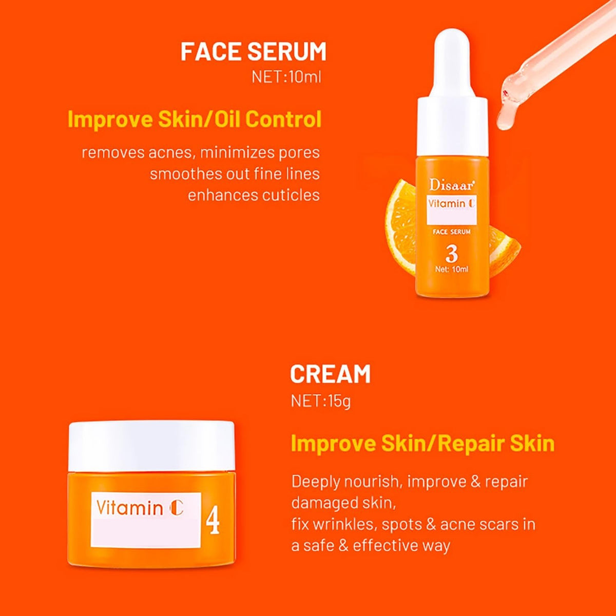 Vitamin C Skin Care Set with Orange Extract - Travel Kit, Brightening & Hydrating - 4 Pieces