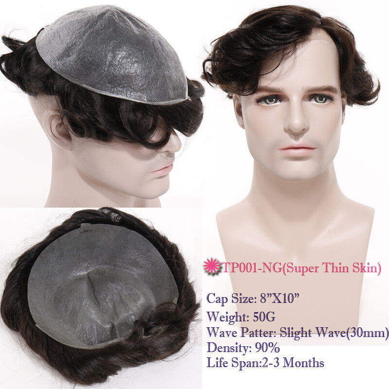 Men's Thin Skin Hair Replacement Toupee Human Hair System with Full PU Base