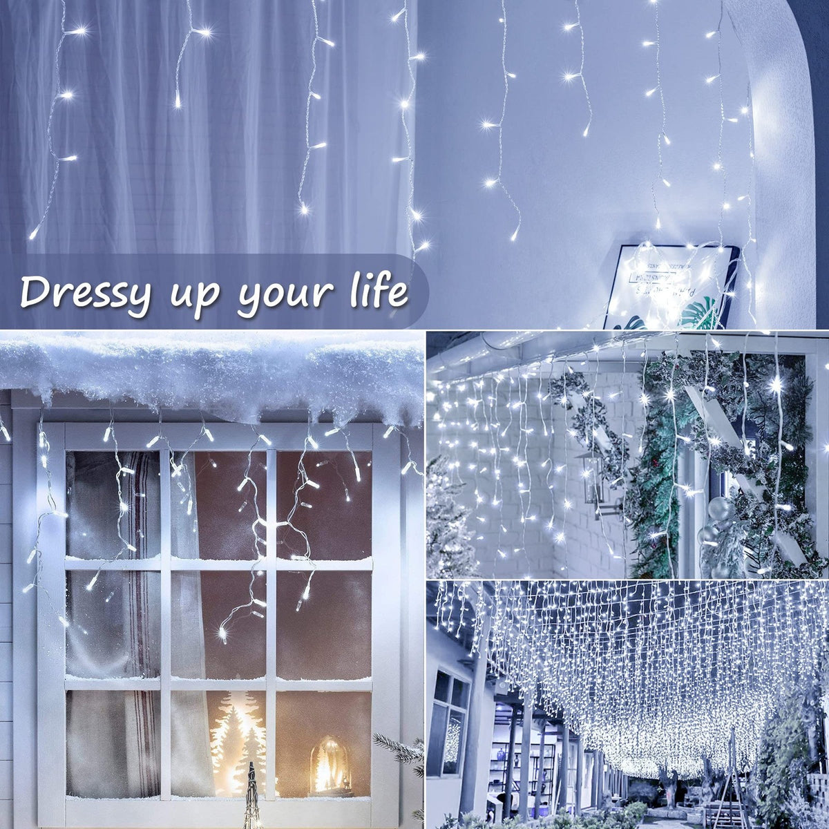 White Christmas Icicle Lights 300 LED 33FT Waterproof String Curtain Lights