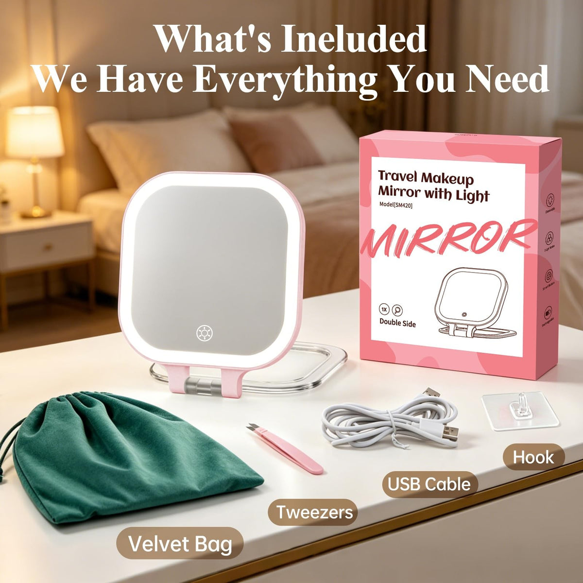 30X Travel Magnifying Mirror with Light - 7 Inch Double Sided Pink Vanity Mirror Rechargeable Portable Makeup Mirror