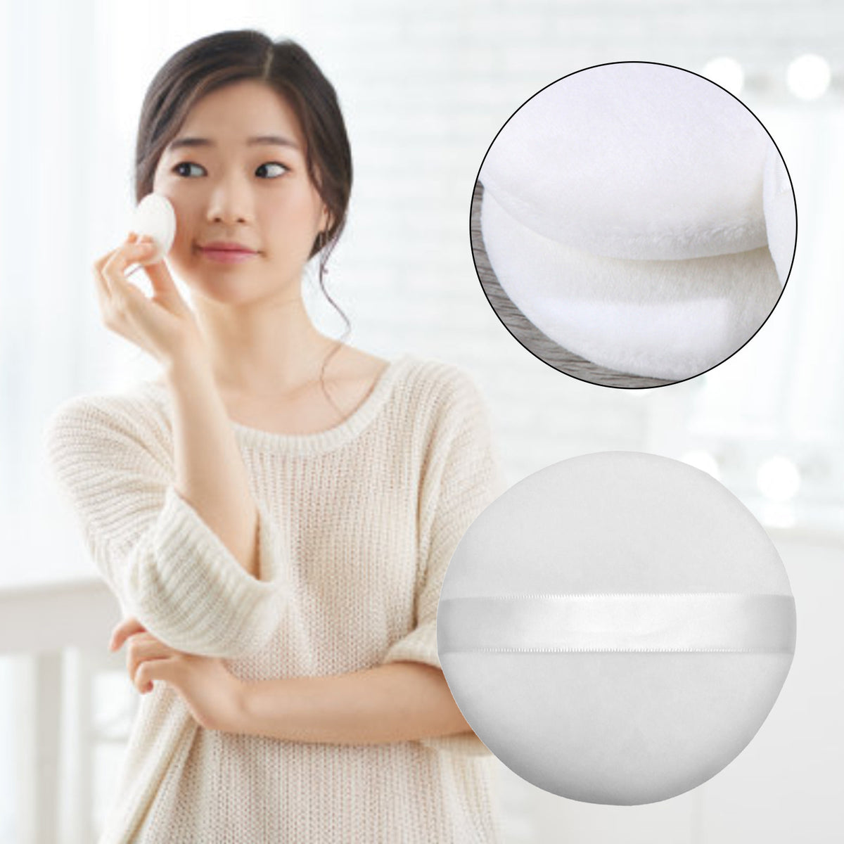 Large 4-Inch Velour Powder Puff Set - Body Makeup Applicators with Ribbon