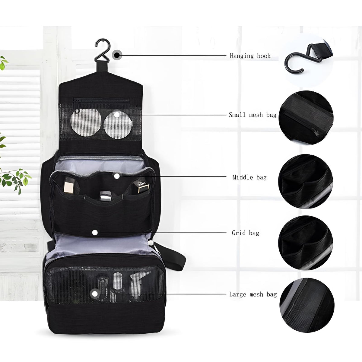 Large Travel Toiletry Bag Hanging Organizer – Waterproof Nylon, 9x3x6 in, Black