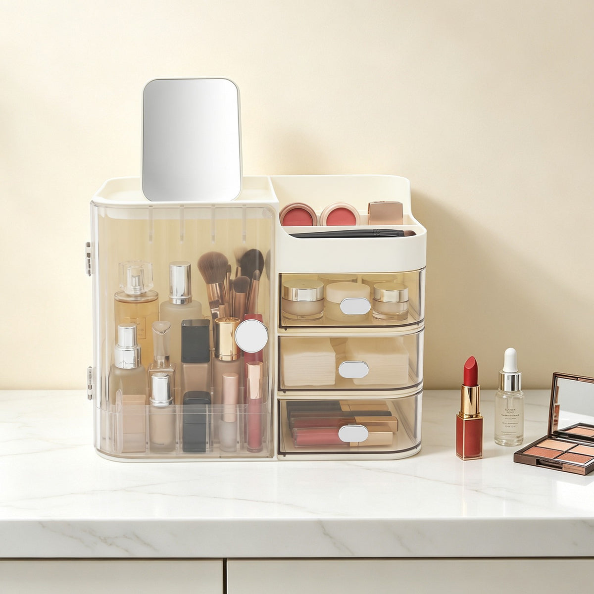 Tiered Makeup Organizer with Mirror and Multiple Compartments for Cosmetics
