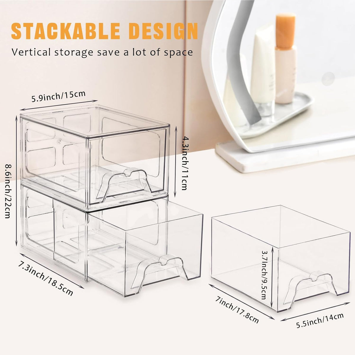 Stackable Makeup Organizer with Drawers - Clear Acrylic Storage for Vanity & Bathroom