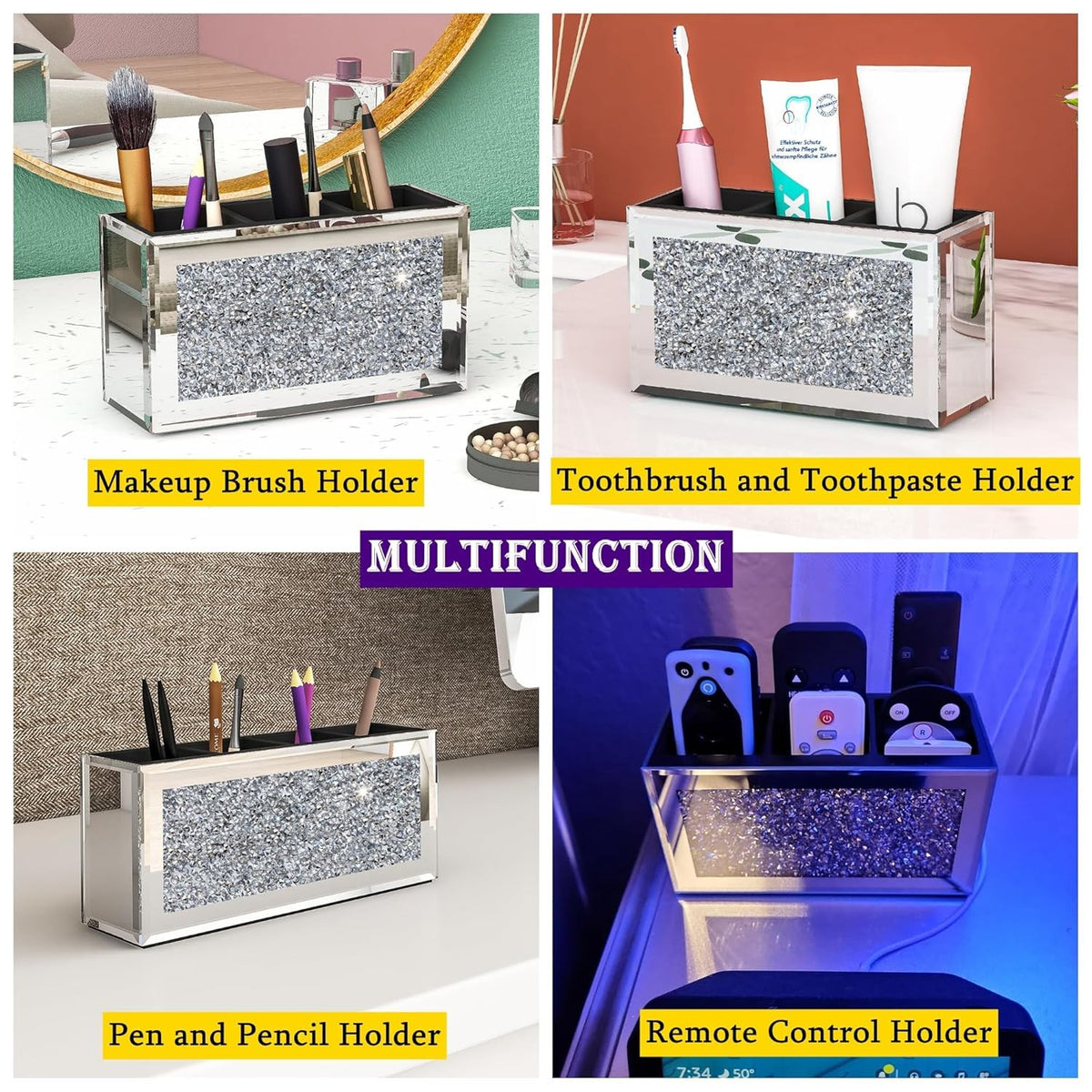Mirrored Makeup Brush Holder Organizer with Crushed Diamond - 3 Slots