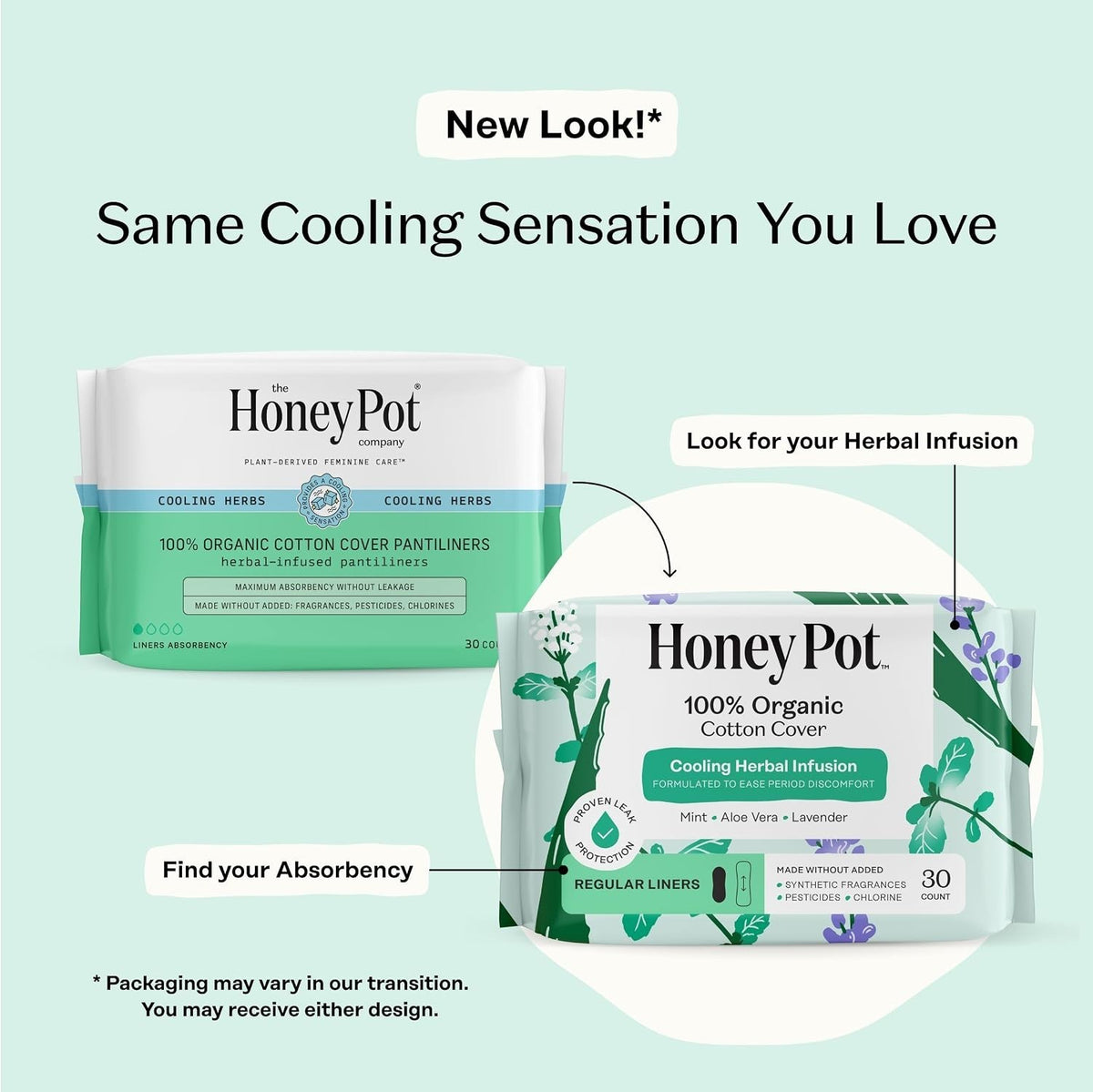 Herbal Infused Panty Liners - Organic Cotton, Cooling Effect, 30 Count Pack of 4
