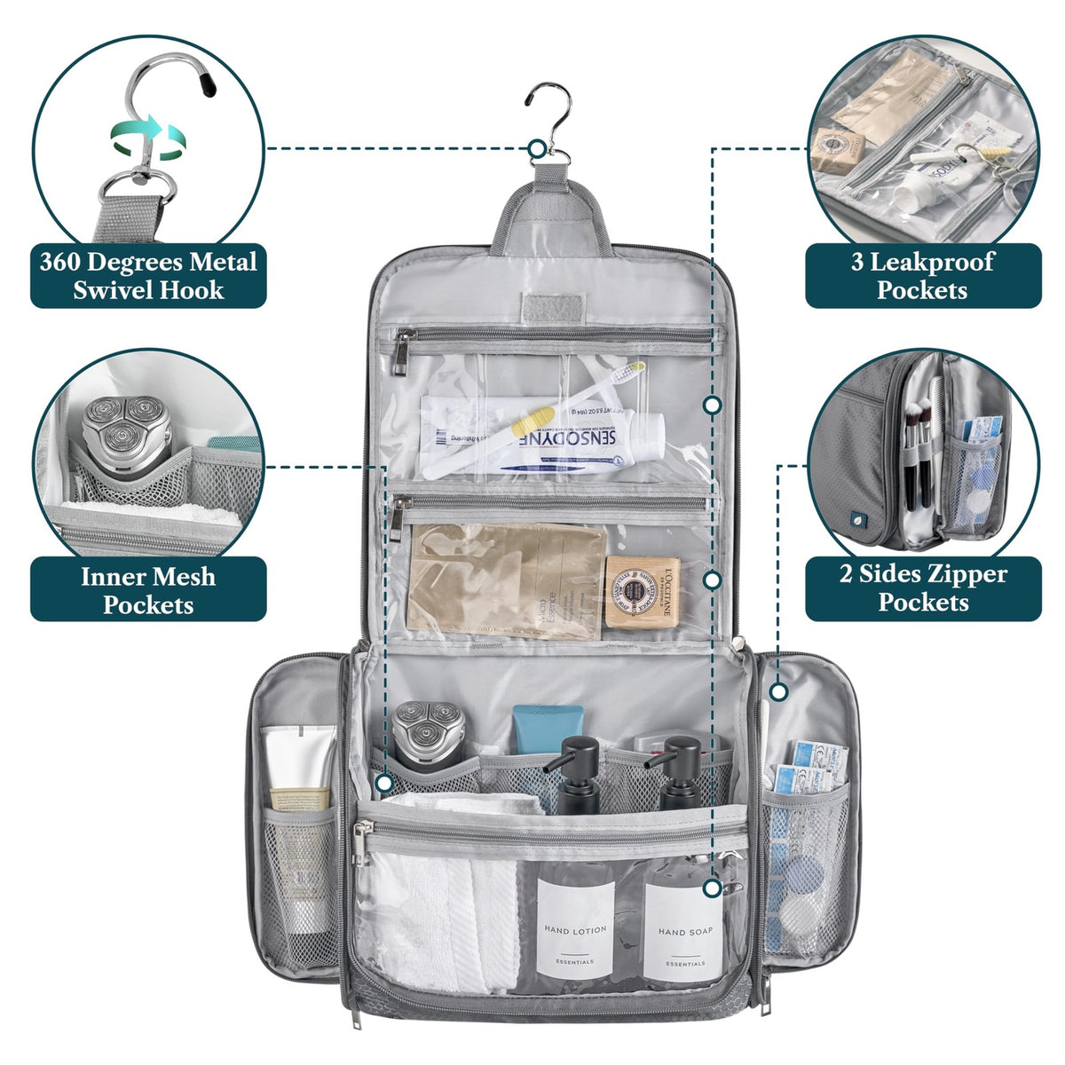 Large Hanging Toiletry Bag with 10 Compartments Waterproof Travel Organizer - Men Women Gray