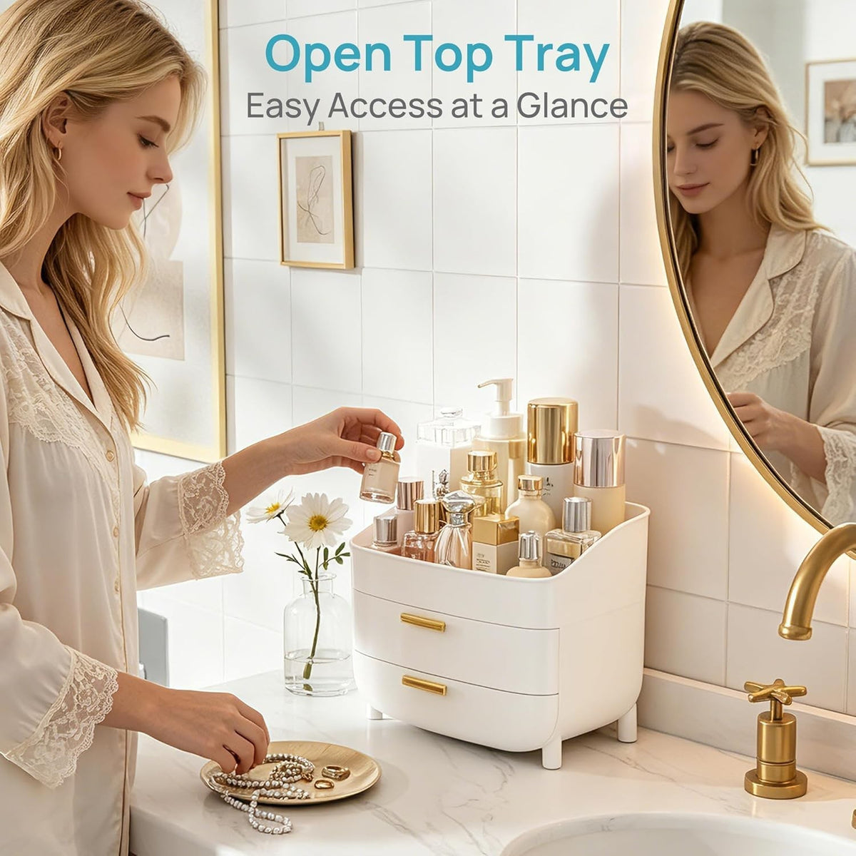 3-Tier Makeup and Skincare Organizer with Drawers for Vanity & Bathroom